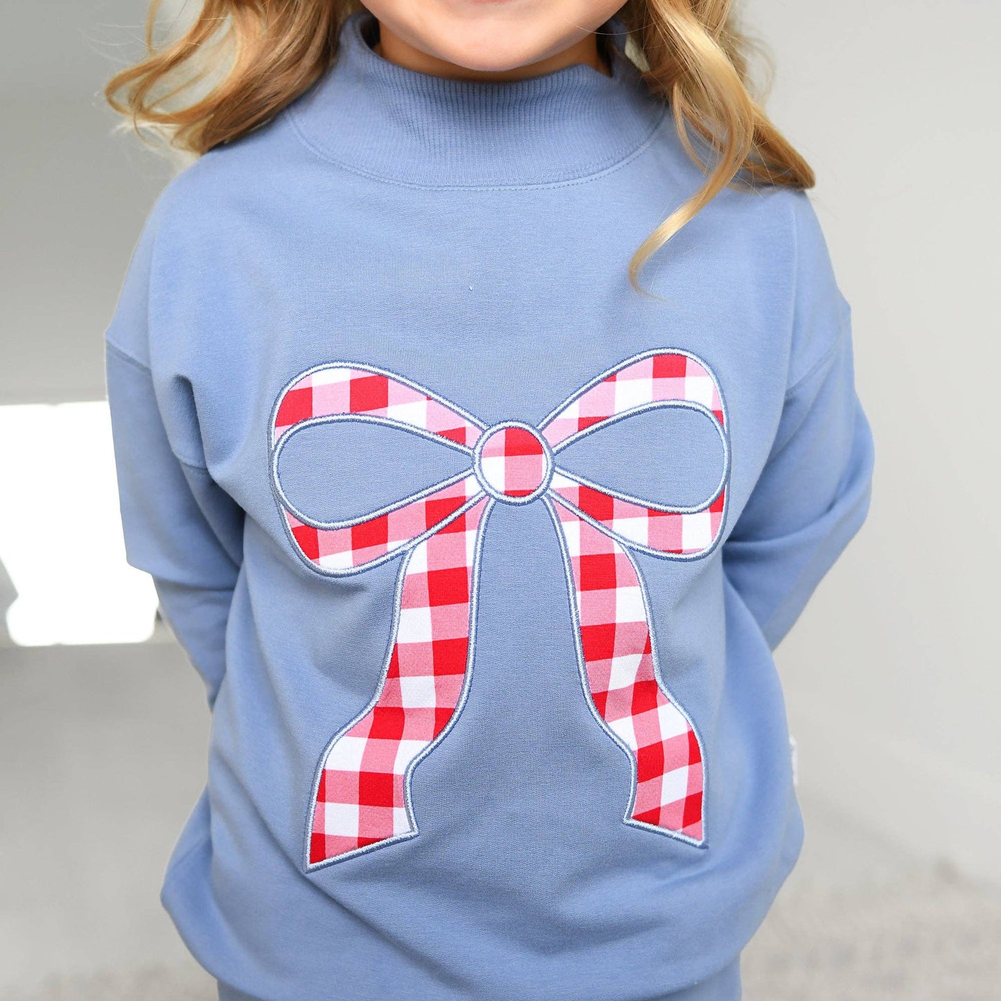 Blue MOCKNECK FLARE SWEATSUIT Gingham Bow Kids Set