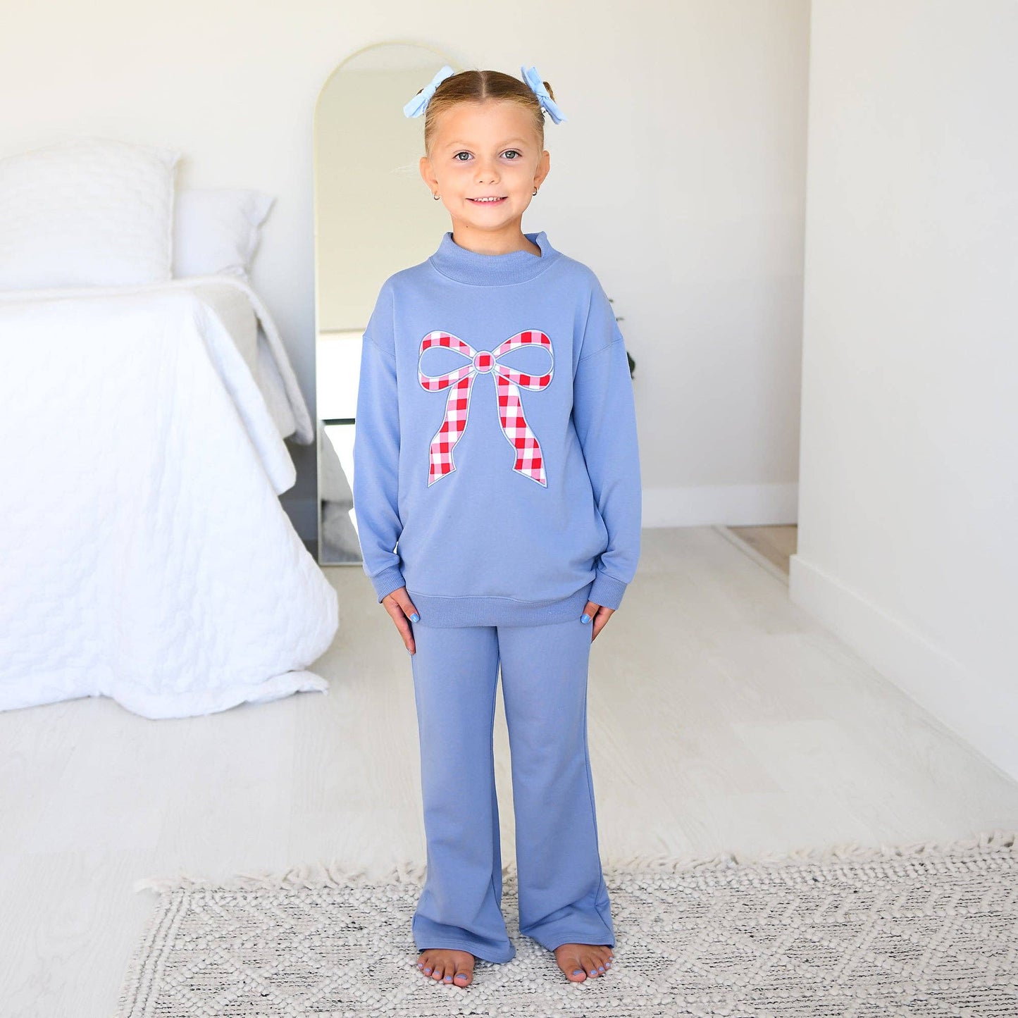 Blue MOCKNECK FLARE SWEATSUIT Gingham Bow Kids Set