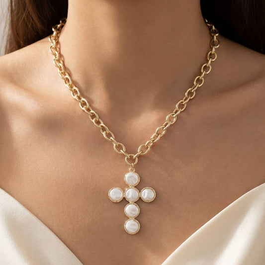 Pearl Discs Cross Pendant Necklace
